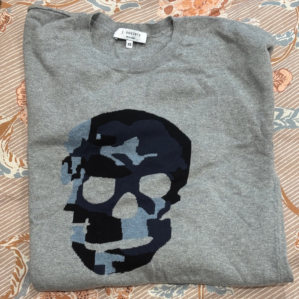 Society Gray and Blue Skull Crewneck Sweater